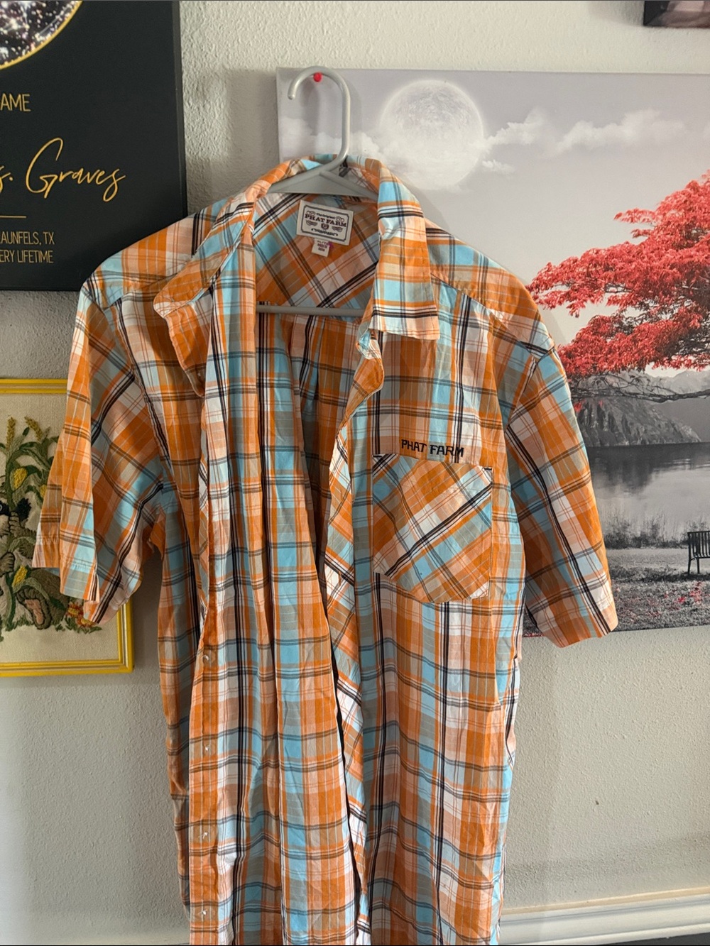 Phat Farm Men's Orange & Light Blue Plaid Short-Sleeve Shirt